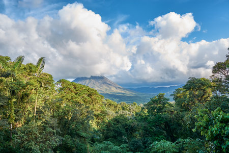 A mix between tropical forest in the foreground & the Arenal volcano at the bottom under a cloudy sky taken with good light conditionsの写真素材