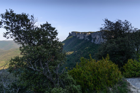 A daylight spring scene of a far cliff seen through some trees under a blue sky & foliage in...