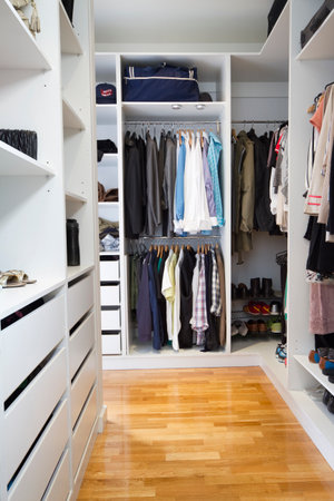 Modern walk in wardrobe in a contemporary homeの写真素材