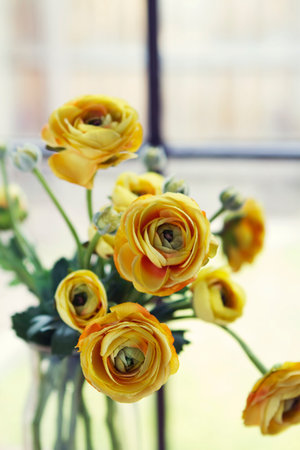 Close up of vintage yellow roses flowers verticalの写真素材