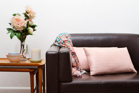Contemporary interior sofa and side table horizontalの写真素材
