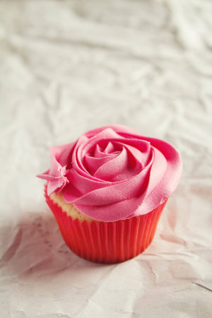 Vanilla cupcake with pink rose piping icing and clear space for textの写真素材