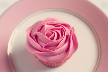 Overhead detail of vintage style pink rose frosted cupcakeの写真素材