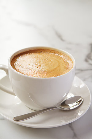 Cappucino or latte milk coffee in white cup and saucer on a marble tableの写真素材