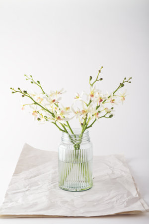 Simple pure white orchids in a vintage glass jar with space for textの写真素材