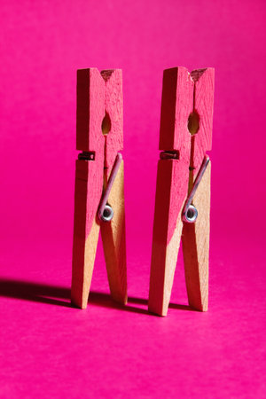Pair of pink painted pegs symbolising females standing on pink background