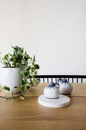 Close up of ivy pot plant and ornaments on a contemporary wooden dining table