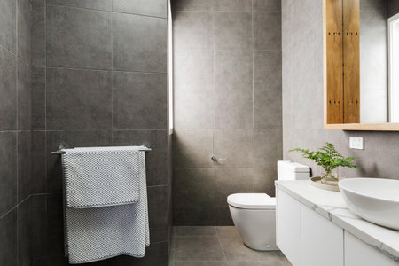 Charcoal grey modern bathroom with marble benctop and wood mirrorの写真素材