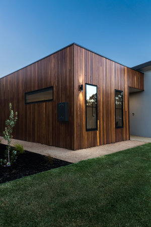 Wood cladding corner detail on a new Australian homeの写真素材