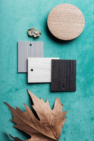 Overhead flat lay of interior design elements for an autumn mood boardの写真素材