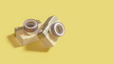 3d render of a camera on a yellow background.の写真素材