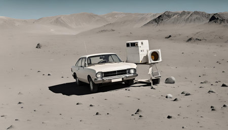3d rendering of an old car in the middle of the desertの素材