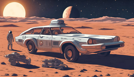 Retro car on the background of the moon. Vector illustration.の素材