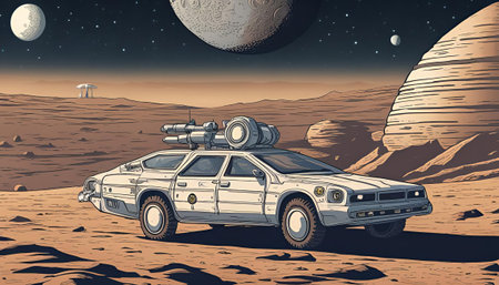 Retro car on the background of the planet. Vector illustration.の素材