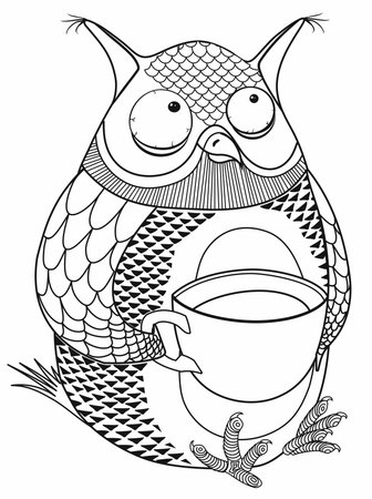 owl and a large cup of coffeeのイラスト素材