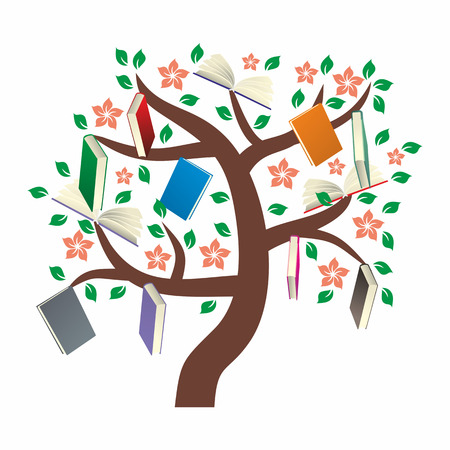 Knowledge Tree with leaves, flowers and booksのイラスト素材