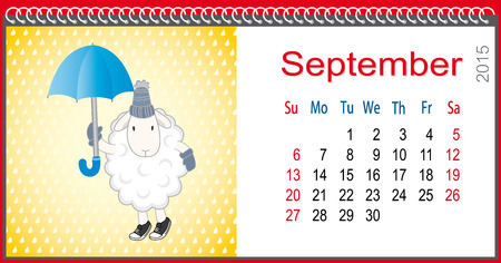 Calendar for September and lamb with an umbrella in the rainのイラスト素材