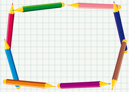 horizontal frame of colored pencils on notebook sheetのイラスト素材