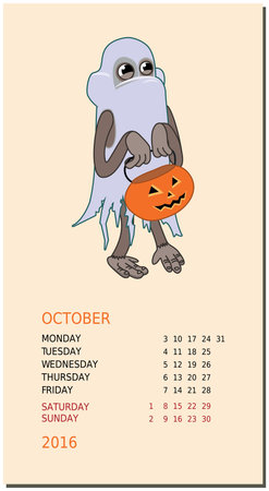 Vertical calendar with a monkey on October 2016のイラスト素材