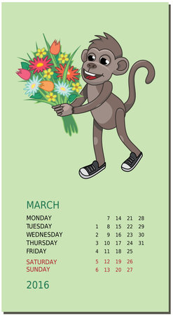 Vertical calendar with a monkey on March 2016のイラスト素材