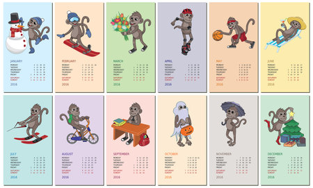 January-December 2016. Symbol of the year monkey on colorful backgroundsのイラスト素材