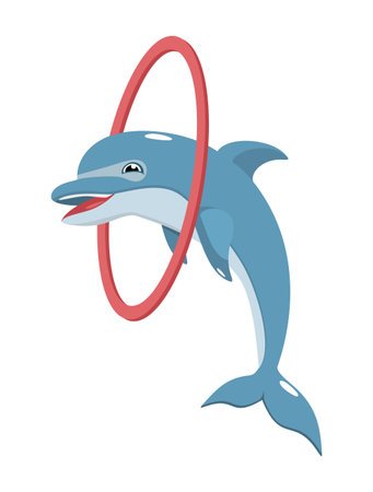 cheerful dolphin jumping through a hoopのイラスト素材