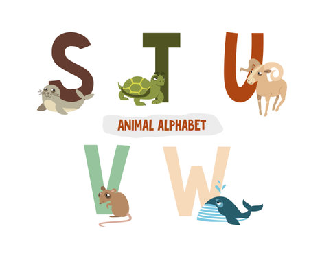 illustration with letters and animals. book for children. ABC.  S, T, U, V, Wのイラスト素材