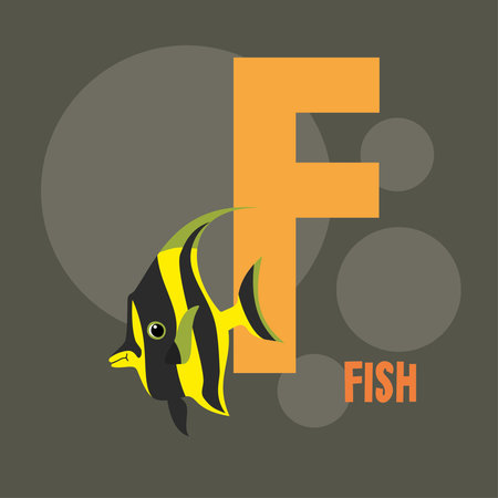 yellow fish on the background of the letter F. gray background.のイラスト素材