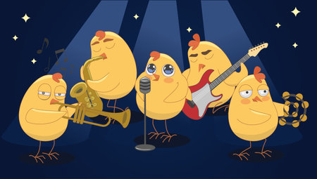 Young chickens play musical instruments on a blue background. vector illustrationのイラスト素材