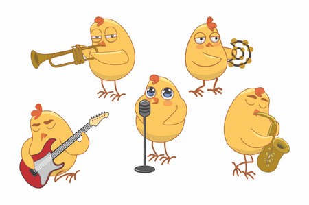 chicks play various musical instruments. vector illustrationのイラスト素材