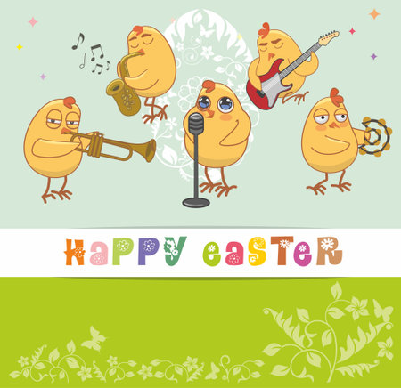 chickens musicians greet with a happy Easter. vector cardのイラスト素材