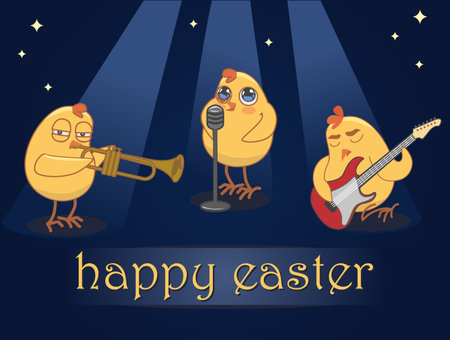 chickens musicians Trio Happy Easter. vector drawingのイラスト素材
