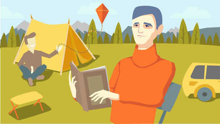 Men on a picnic. Car, tent, book. vector illustrationのイラスト素材