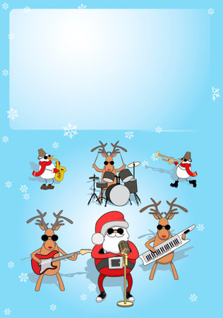 Vertical Christmas card. singing Santa, reindeer and snowmen play music. place for text. vetorのイラスト素材