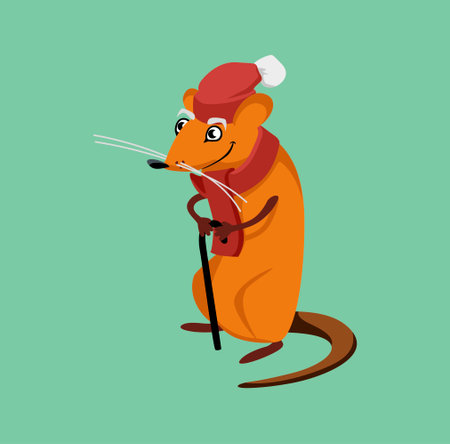wise old rat holding a crutch. cartoon character. vector illustrationのイラスト素材