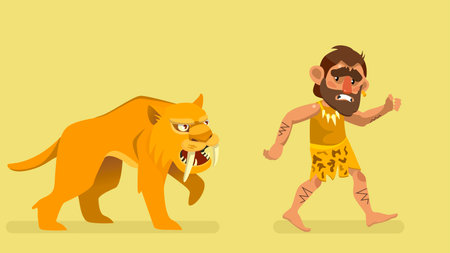 Saber-toothed tiger chasing primitive man. Vector illustration.のイラスト素材