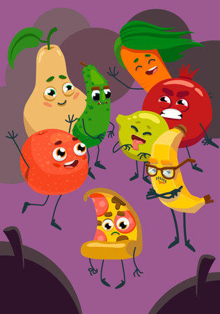 Vegetables and fruits are laughing over pizza. A vegetarian cartoon. Cartoon vector 2D illustrationのイラスト素材