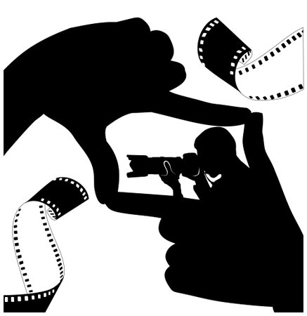 The frame of the fingers. Black silhouette of hands and photographer. Black-and-white photo tape. Vector illustrationのイラスト素材