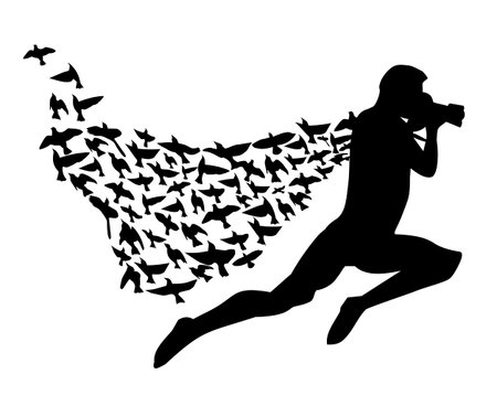 Cartoon flying super photographer in a cloak of birds. Vector 2D illustrationのイラスト素材