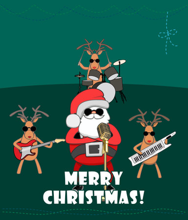 Christmas Quartet. Santa and Christmas reindeer congratulate on the holiday. Vector 2D illustrationのイラスト素材
