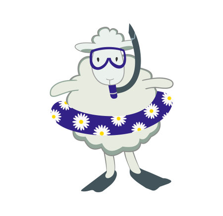 Cute lamb in swimming accessories. Animal isolated on white background. Vector 2D illustrationのイラスト素材