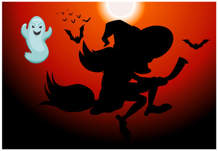 Silhouette of an old witch against the night sky. Vector flat illustrationのイラスト素材