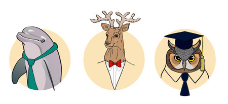 Set of stylized characters. Dolphin, deer, owl. Vector flat illustrationのイラスト素材