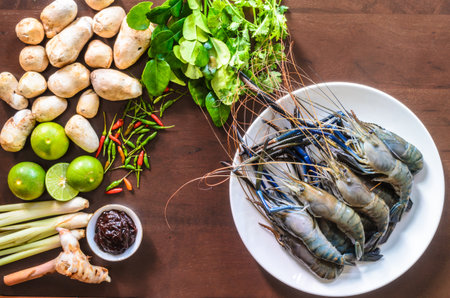 Ingredients and raw materials to cooking thai food has call the Tomyumkung.の写真素材