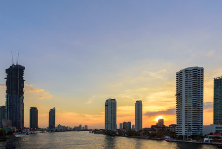 Cityscape of Asiatique the Riverfront is popular and famous place in the evening with sunset time at Bangkok, Thailand.のeditorial素材