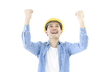 Business man engineer employee with blue scott shirt has feeling successful and victory isolated on...