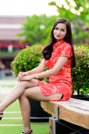Portrait of Asian Chinese and Thai girl with Happy Chinese New Year concept.の写真素材