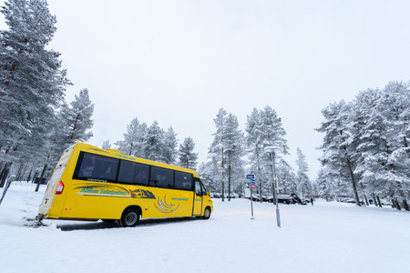 Editorial: Kuusamon City, Finland, 27th December 2018. Car park at Holiday Club Kuusamon Tropiikki with heavy snow in winter season at Kuusamon, Finland.のeditorial素材
