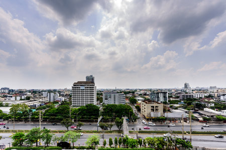 Editorial: Bangkok Thailand, 3rd May 2019. The city and road with blue sky and cloudy at Bangkok, Thailand.のeditorial素材
