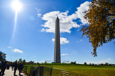 Editorial: Washington DC, USA - 10th November 2017. Washington Monument in the morning with blue sky and cloud.のeditorial素材